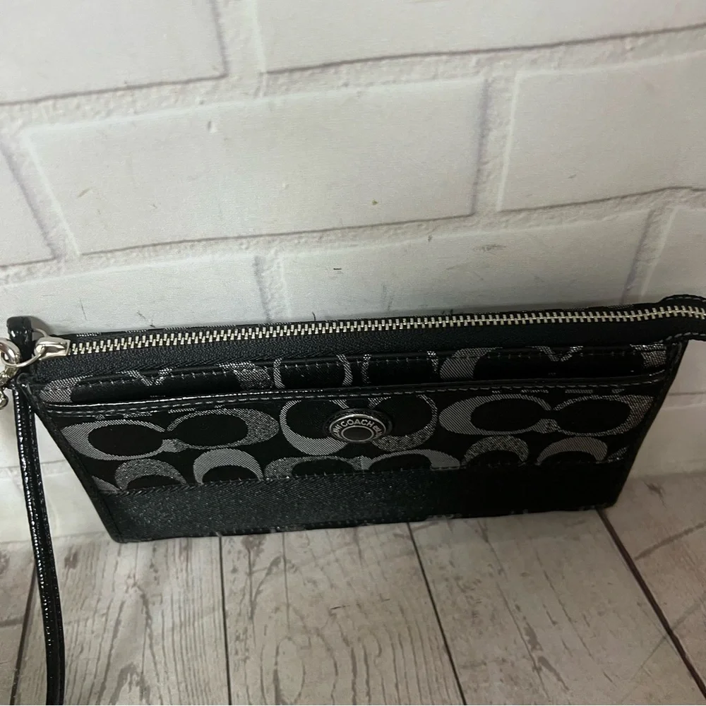 Coach Black Silver Signature Monogram Canvas Stripe Wristlet Wallet Metallic - Picture 8 of 15